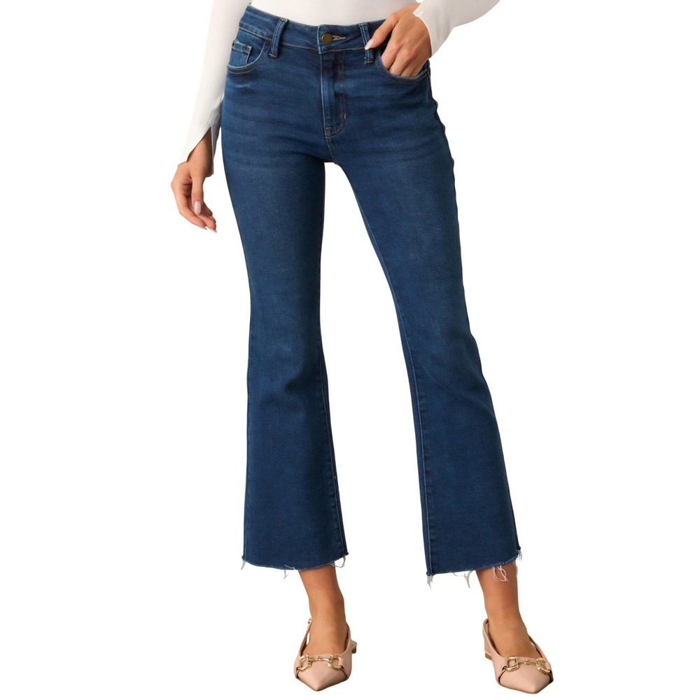 Mossimo Denim Womens High Rise Flare Crop Jeans Dark Wash Raw Hem 10/30R Stretch